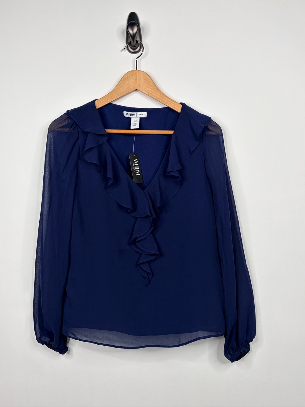 White House Black Market Navy Ruffle V-Neck Blouse